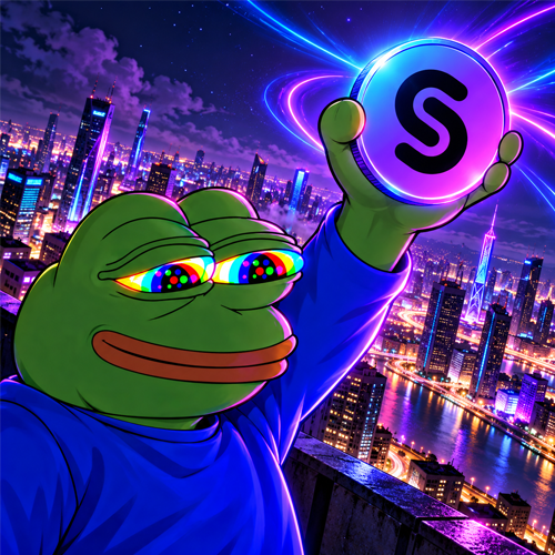SenderPepe holding the Sender coin above the night city