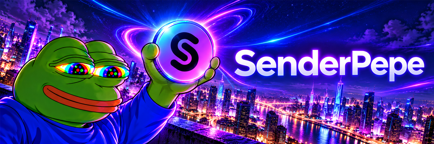 SenderPepe banner — frog, Sender coin, and night skyline